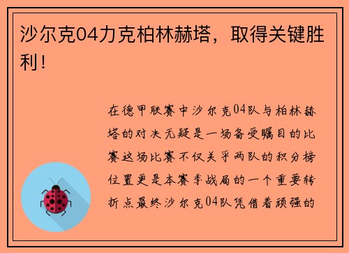沙尔克04力克柏林赫塔，取得关键胜利！