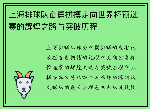 上海排球队奋勇拼搏走向世界杯预选赛的辉煌之路与突破历程