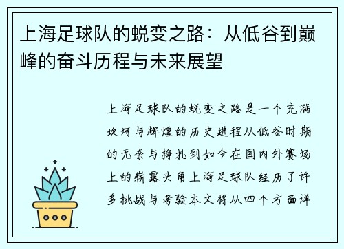 上海足球队的蜕变之路：从低谷到巅峰的奋斗历程与未来展望