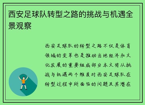 西安足球队转型之路的挑战与机遇全景观察